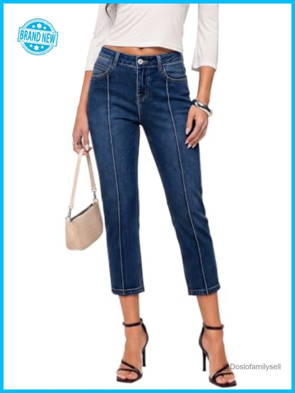 Women's Capri Jeans Mid Rise Skinny Stretchy Front Seam Denim Pants